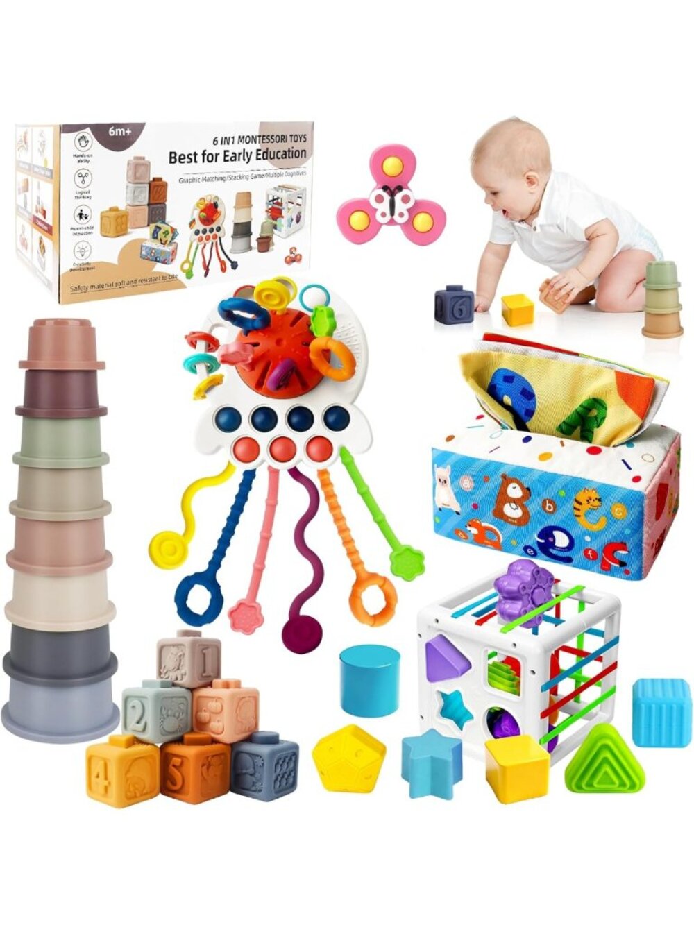 6 in 1 Montessori Baby Toys for 6-12 Months — Pull String Toy, Sensory Bin
